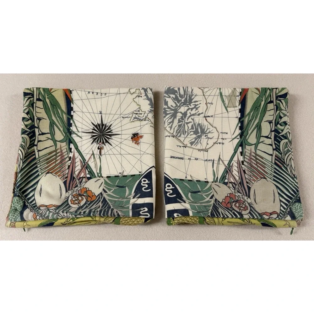 Pottery Barn Pillow Shams La Martinique‎ Map 24 X 24 Cotton Linen Blend Flaws